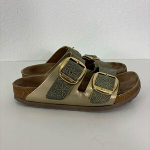 Birkenstock Blue with Gold Floral and Gold Sides Arizona Slide Leather Sandals